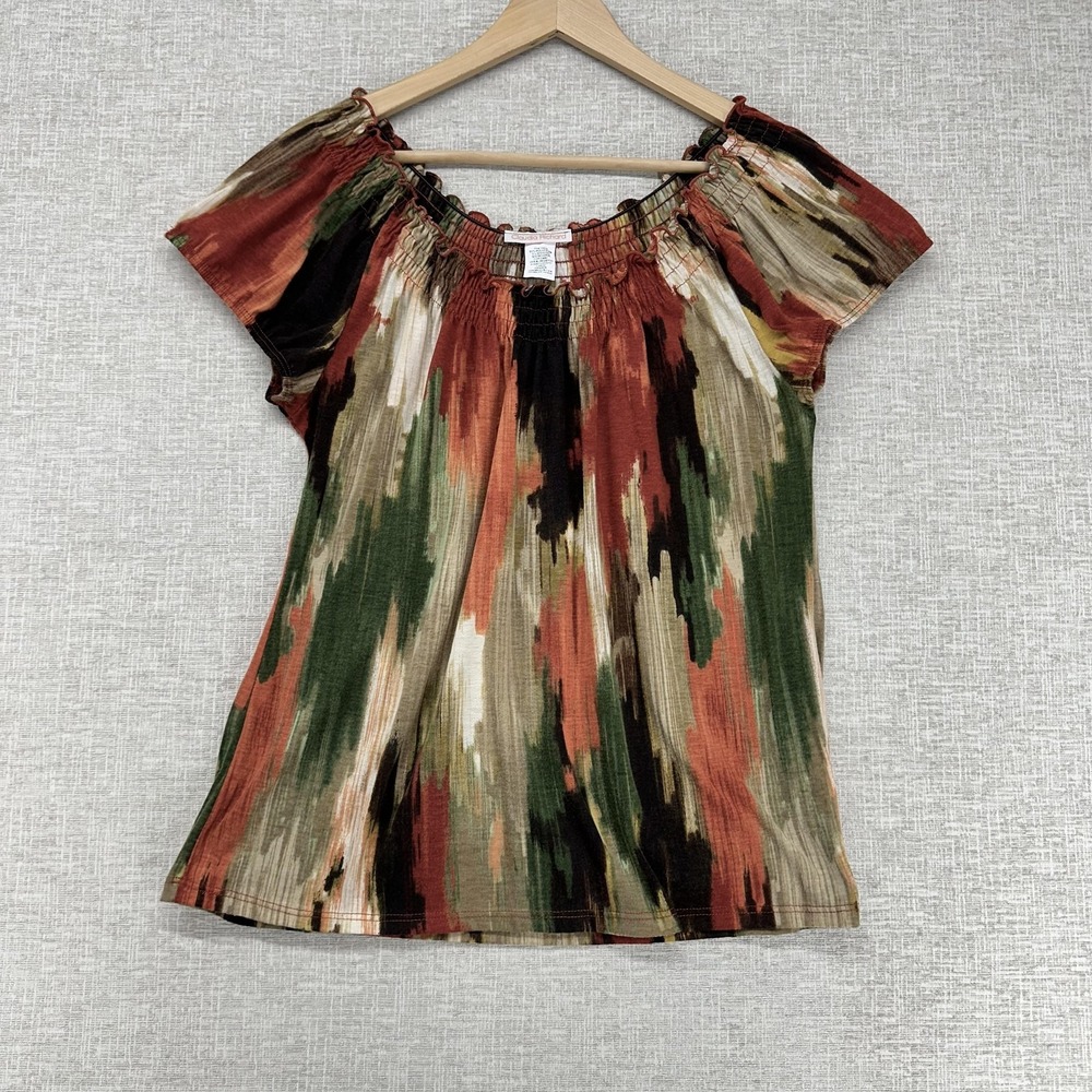 Claudia Richard Top Womens Large Orange Poly Blend Off Shoulder Flutter Sleeve